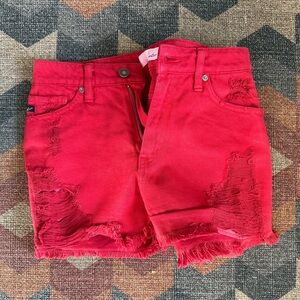 Red Distressed Denim Shorts